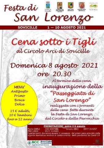 Cena sotto i tigli ed inaugurazione della Passeggiata di San Lorenzo- domenica 8 agosto ore 20.30